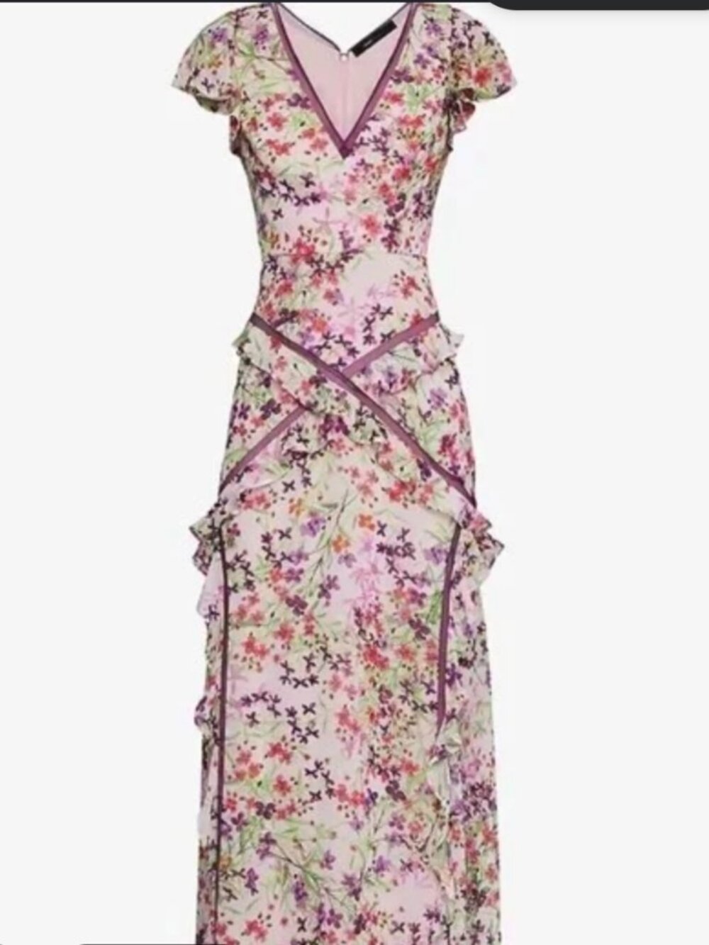 BCBGMaxAzria Floral Pink Purple Mesh/Ruffled Gown/Dress - Picture 1 of 7